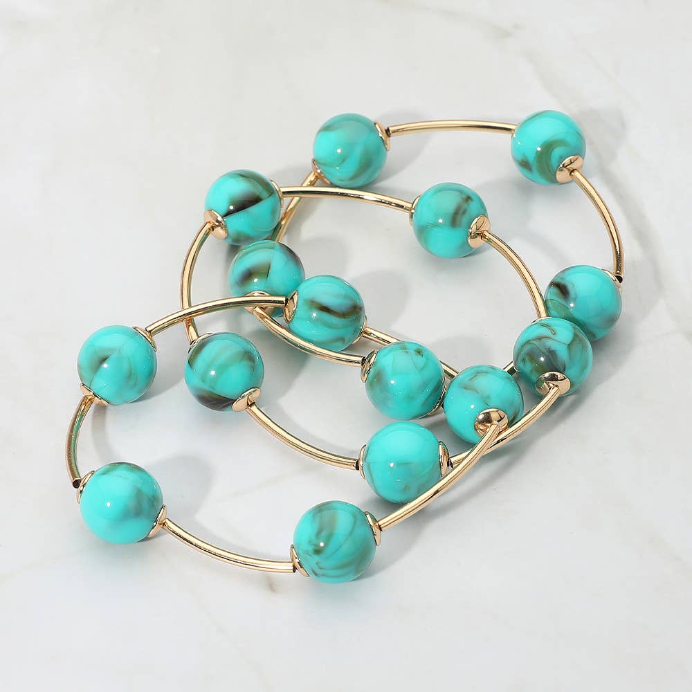 3PCS - Round Ball Wire Beaded Stretch Multi Layered Bracelets: Gold,Green