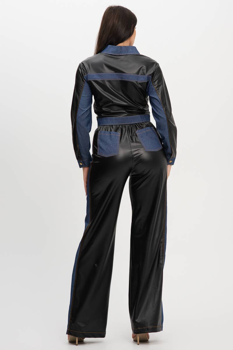 Pu Fabric Denim Contrast Jackets And Pants Set : Cognac / 1-2-2-1 (S-M-L-XL)