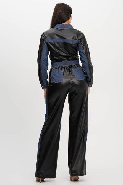 Pu Fabric Denim Contrast Jackets And Pants Set : Cognac / 1-2-2-1 (S-M-L-XL)