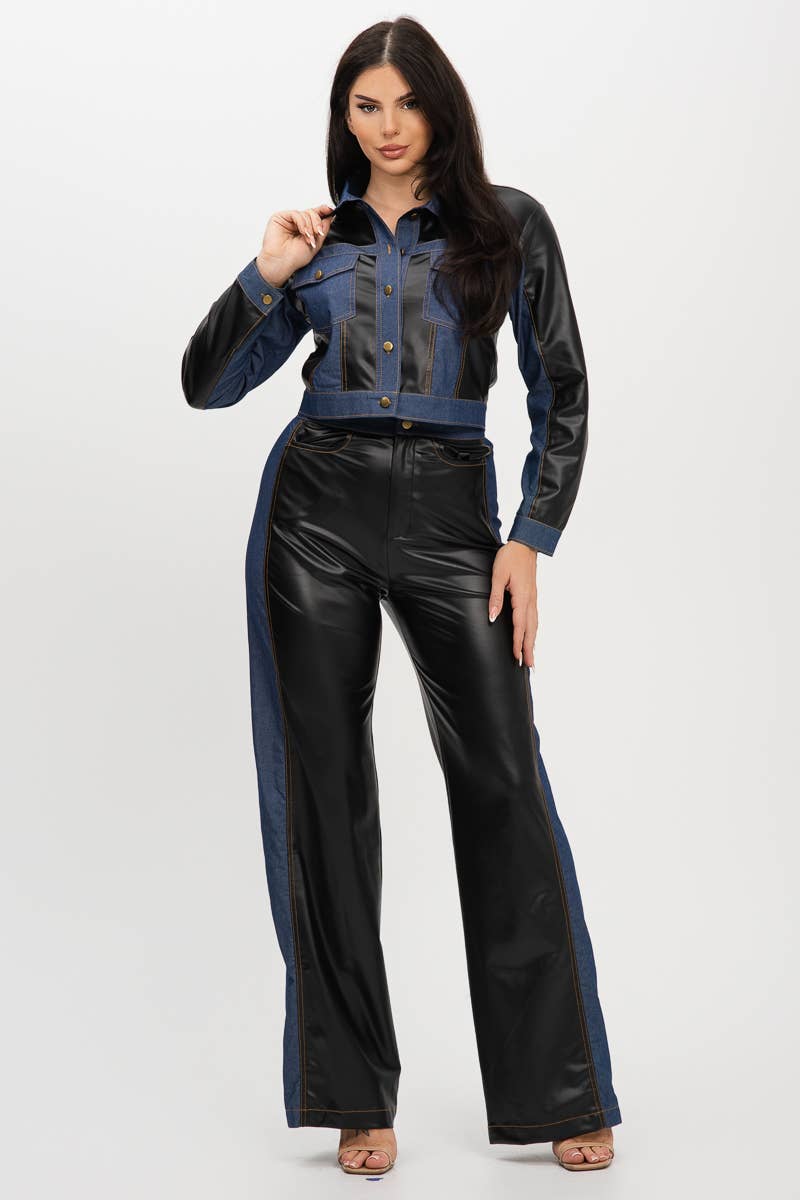 Pu Fabric Denim Contrast Jackets And Pants Set : Cognac / 1-2-2-1 (S-M-L-XL)