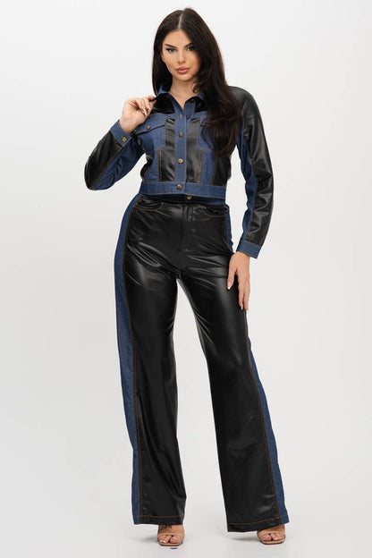 Pu Fabric Denim Contrast Jackets And Pants Set : Cognac / 1-2-2-1 (S-M-L-XL)