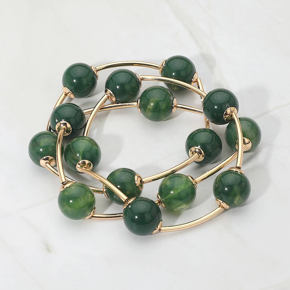 3PCS - Round Ball Wire Beaded Stretch Multi Layered Bracelets: Gold,Turquoise
