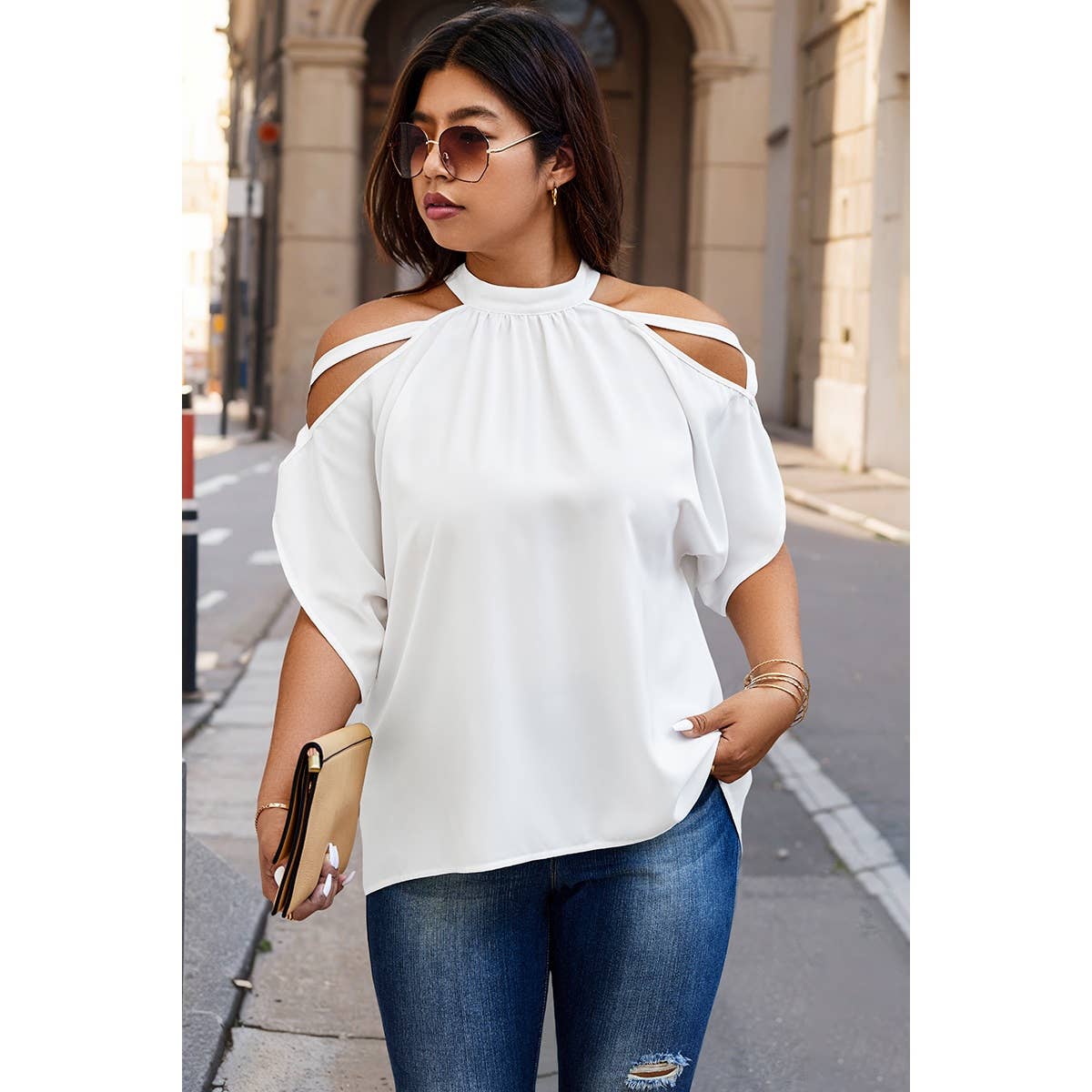 Plus Halter Open Shoulder Bat Sleeves Loose Top: WHITE / 2XL