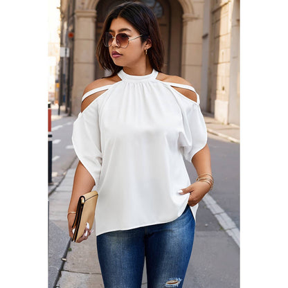 Plus Halter Open Shoulder Bat Sleeves Loose Top: WHITE / 2XL
