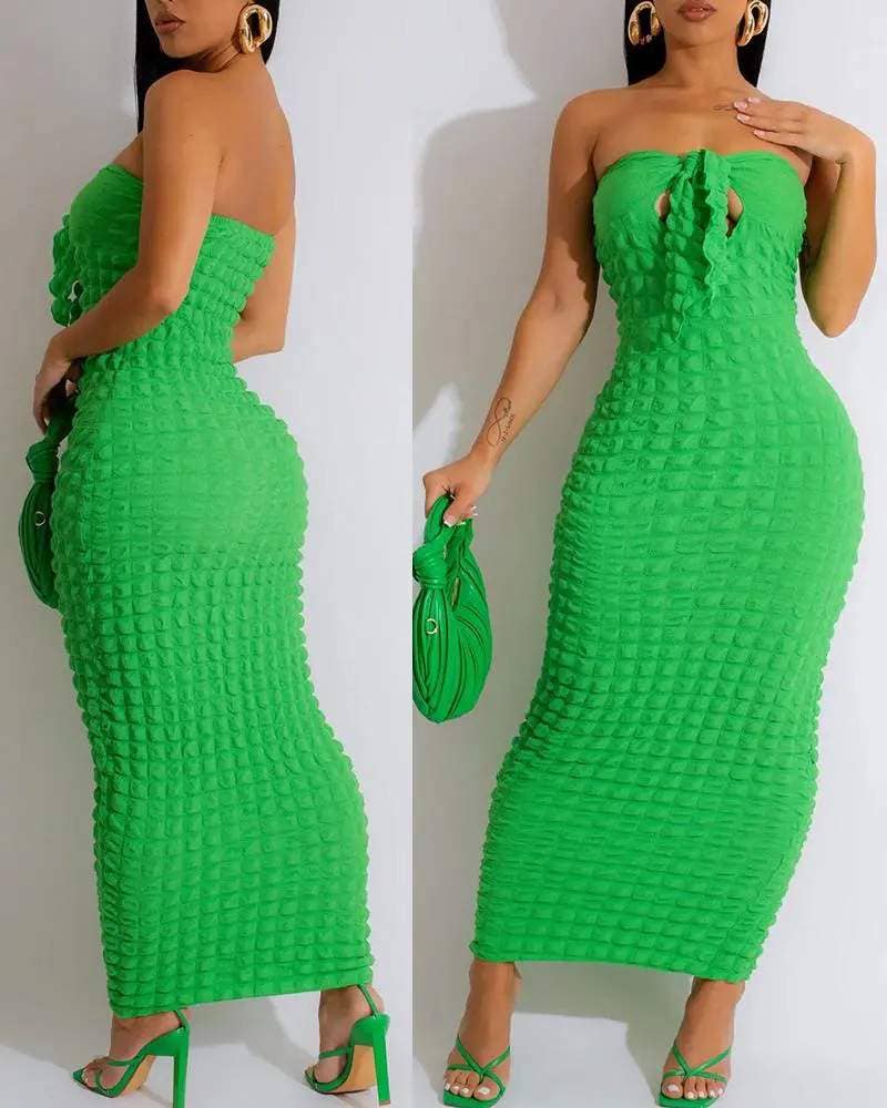 Bandeau tied detail bubble textured maxi dress: HOT PINK / 1-1-1-1 / S-M-L-XL
