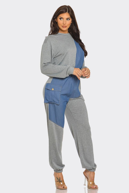 French Terry Color Block Denim Detail Top Pockets Pants Set: Black / 2-2-2 (S-M-L)