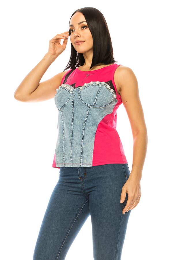 (ST2870) Corset Sleeveless Top (2 colors): Pink / M
