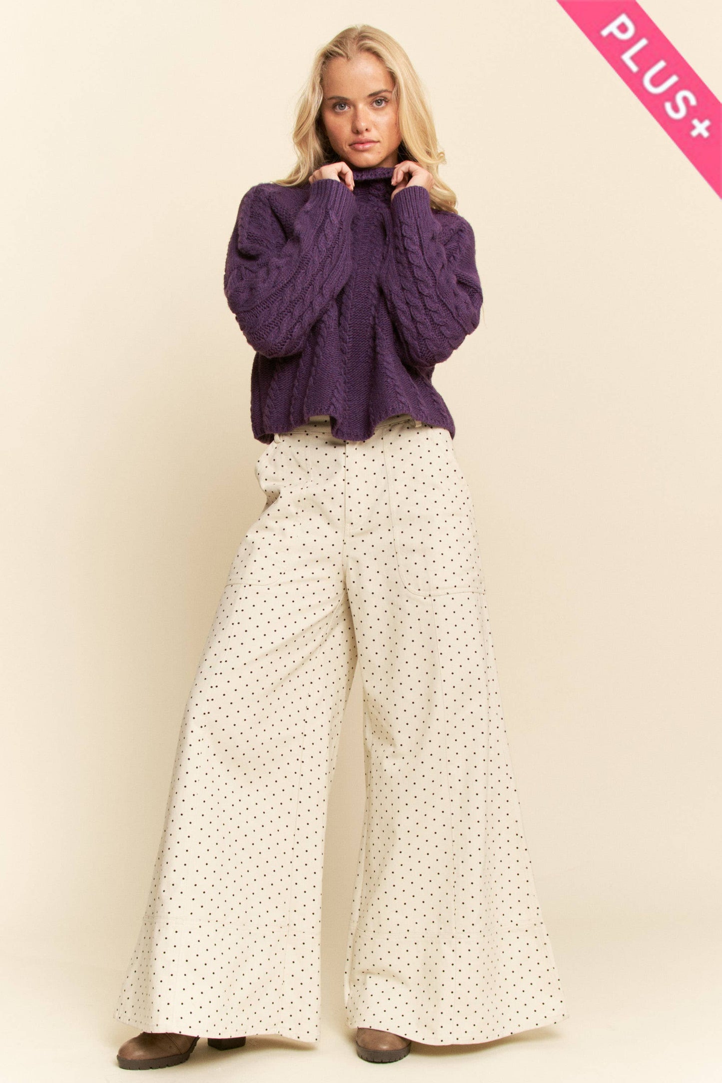 Plus - Washed Floral Print Wide-Leg Pants: NAVY DOT / 3XL