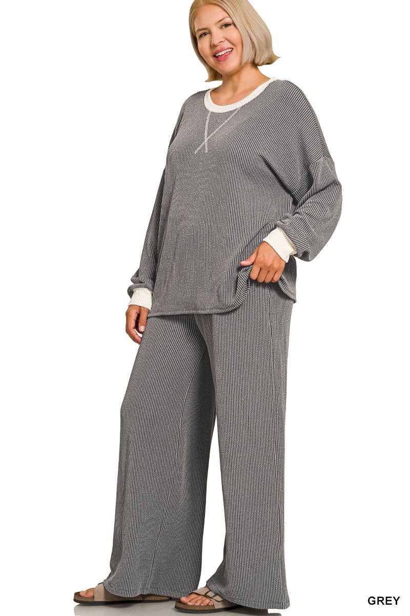 Plus Raised Rib Round Neck Pullover & Pants 2PC Set: +GREY-205252 / 2X