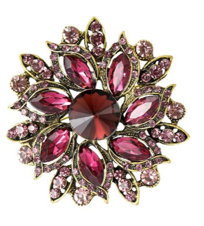 Encrusted Magneta Gold Round Brooch