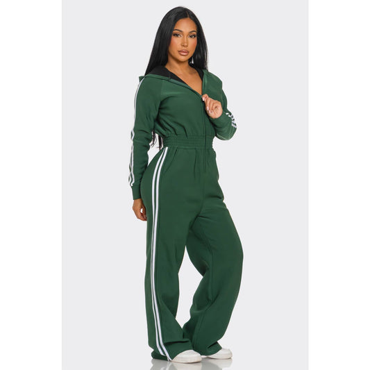 Striped Zip Up Hooded Jumpsuit: GREEN / S-M-L(2-2-2)