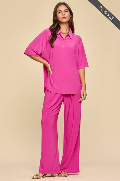 PLUS SIZE 2-Piece Blouse + Relaxed Pants Resort Wear Set: AQUA MINT / XL