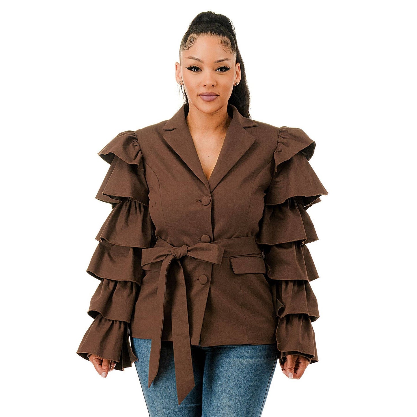 Plus Layered Ruffle Sleeve Waist Tie Blazer Jacket: OLIVE / 1XL-2XL-3XL(1-1-1)
