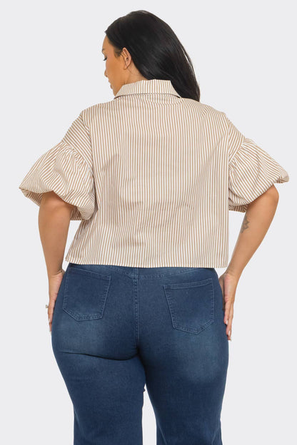 Plus Size Stripe Button Down Bubble Sleeve Shirts Crop Top : Blue / 2-2-2 (1XL-2XL-3XL)