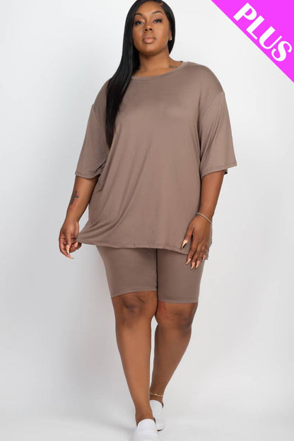 Plus Size Loose Fit Top & Bike Shorts Set: Taupe / 3X