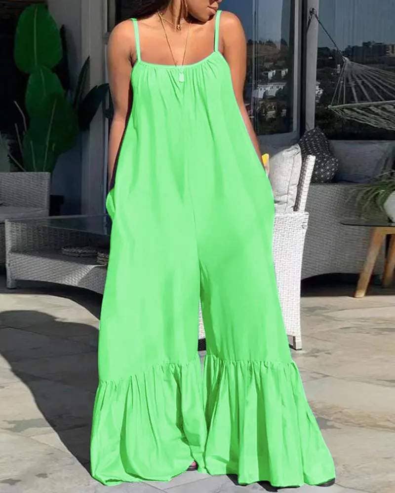 Sleeveless ruched pocket design bootcut jumpsuit: GREEN / 1-1-1-1 / S-M-L-XL