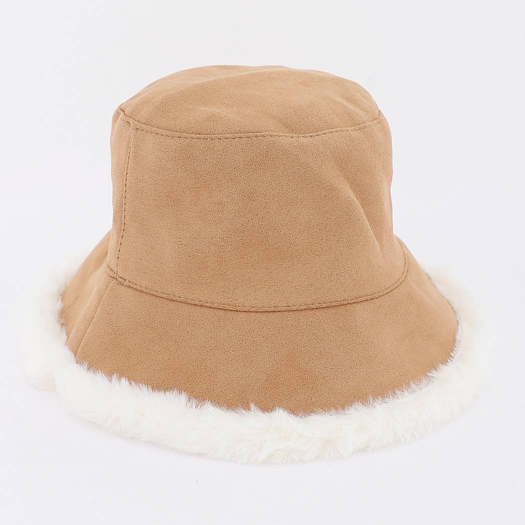 Fleece Trim Suede Bucket Hat With Logo Patch: BG