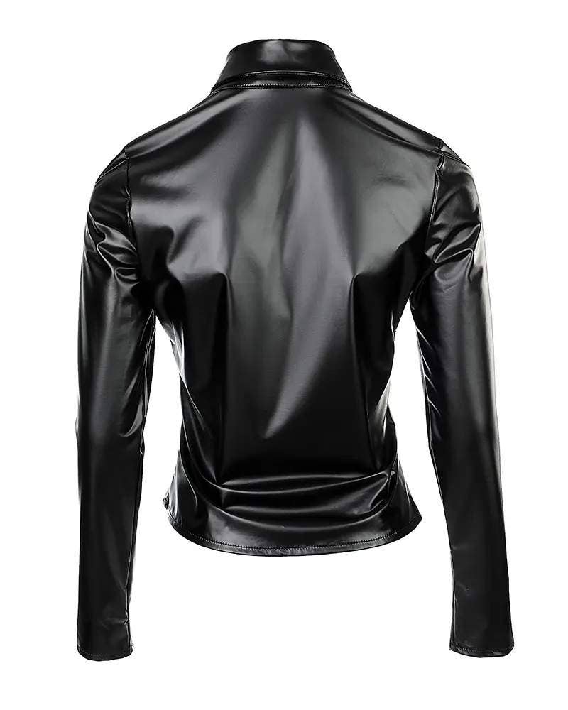 Studded decor pu leather button down shirt: BLACK / 1-1-1-1 / S-M-L-XL