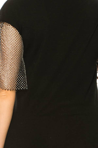 (ST2736)Fishnet Sleeves Mosaic T-shirts: Green / M