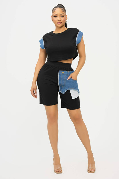 Color Block Denim Sleeve Top And Biker Shorts Set: Fuchsia-Denim / 1-2-2-1 (S-M-L-XL)