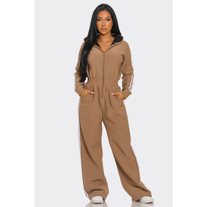Striped Zip Up Hooded Jumpsuit: GREEN / S-M-L(2-2-2)