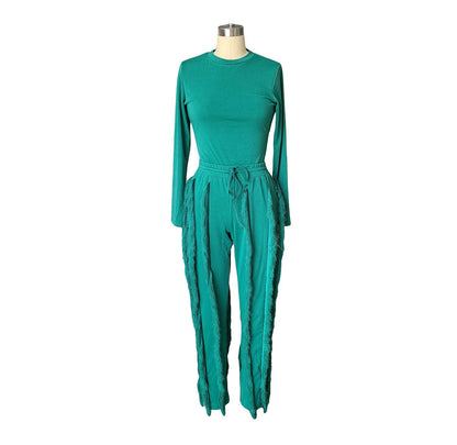 MB FASHION Long-Sleeve Fringe Top and Pants Set 223LY: BLUE / M
