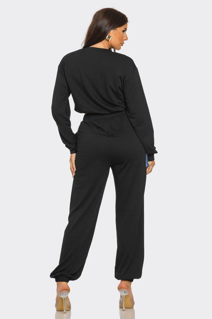 French Terry Color Block Denim Detail Top Pockets Pants Set: Black / 2-2-2 (S-M-L)