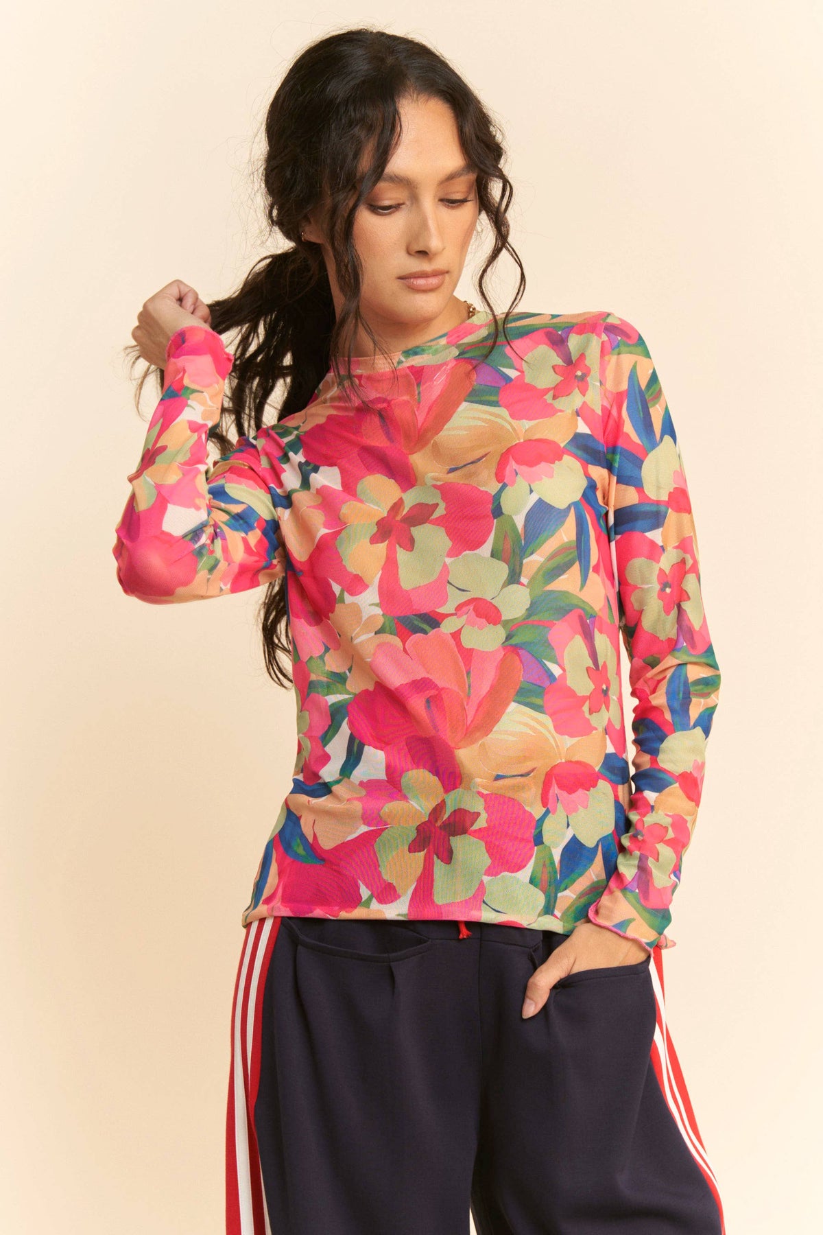 Plus - Vibrant Floral Print Mesh Long Sleeve Top: Pink Multi / 3XL