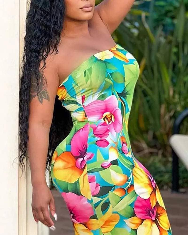 Floral plants print bandeau mermaid dress: GREEN / 1-1-1-1 / S-M-L-XL