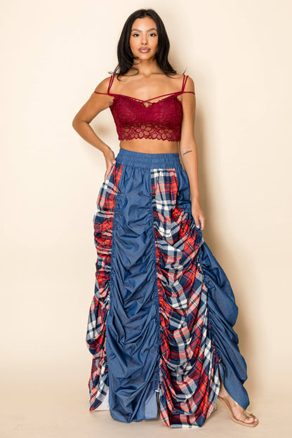 PLAID AND DENIM MAXI SKIRT WITH DRAWSTRINGS