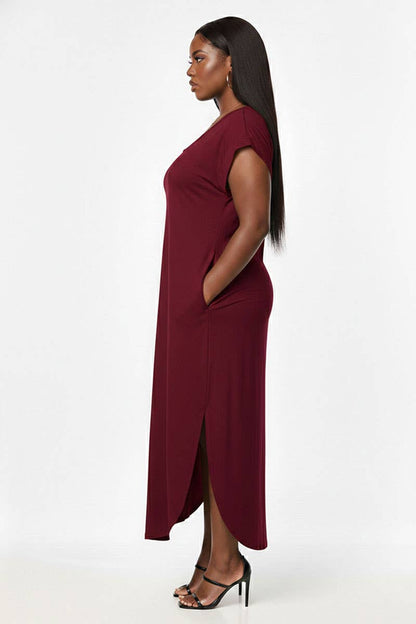 Plus Size Hidden Pocket Batwing Sleeve V Neck Long Dress: MANGO / 2X