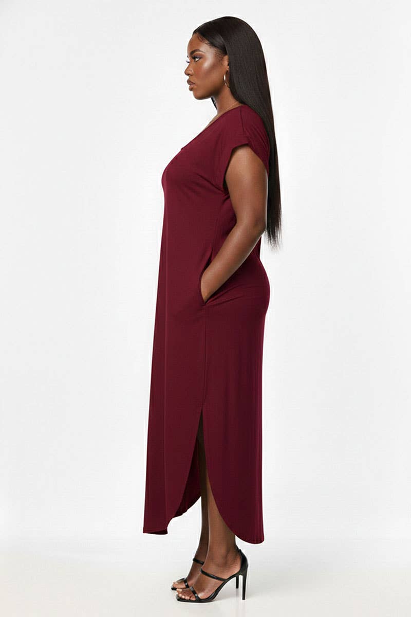 Plus Size Hidden Pocket Batwing Sleeve V Neck Long Dress: FUCHSIA / 2X