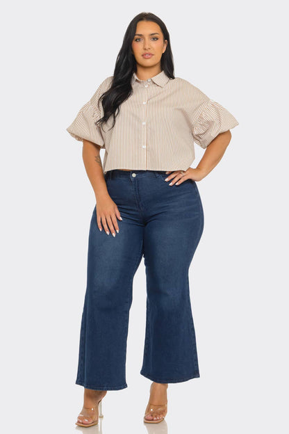Plus Size Stripe Button Down Bubble Sleeve Shirts Crop Top : Mocha / 2-2-2 (1XL-2XL-3XL)