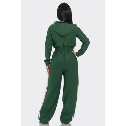 Striped Zip Up Hooded Jumpsuit: GREEN / S-M-L(2-2-2)