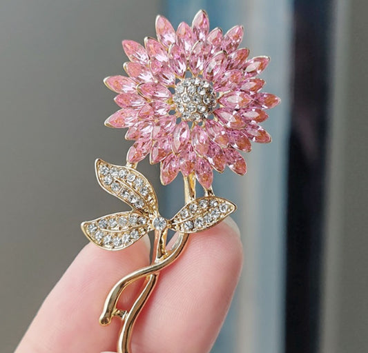 Encrusted Gold Pink Flower Brooch