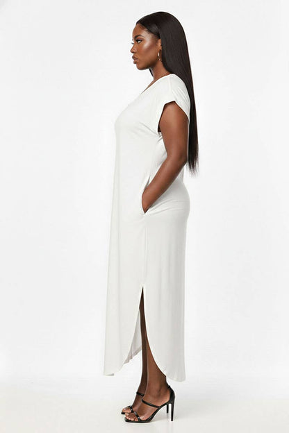 Plus Size Hidden Pocket Batwing Sleeve V Neck Long Dress: FUCHSIA / 3X