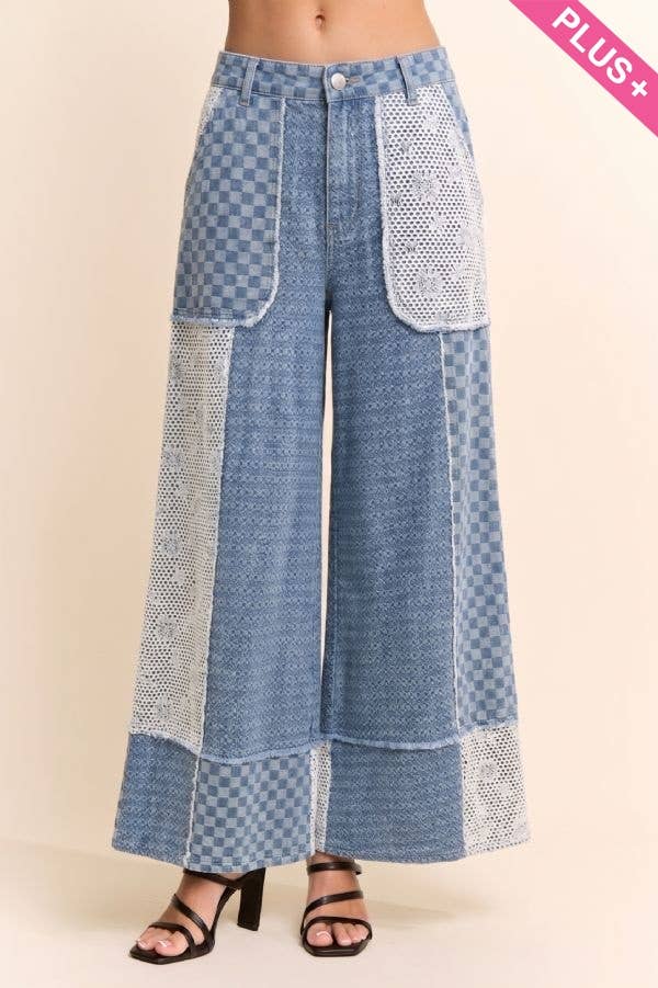 Plus - Checkered Denim Lace Patch Wide-Leg Pants: LIGHT DENIM MULTI / 1XL-2XL-3XL(3-2-1)