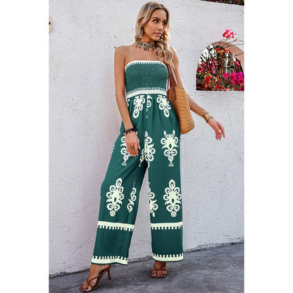 Geo Print Off Shoulder High Waist Fit Jumpsuit: GREEN