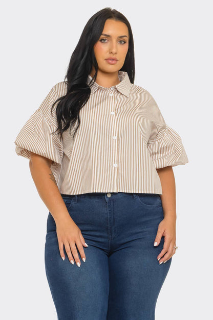 Plus Size Stripe Button Down Bubble Sleeve Shirts Crop Top : Blue / 2-2-2 (1XL-2XL-3XL)