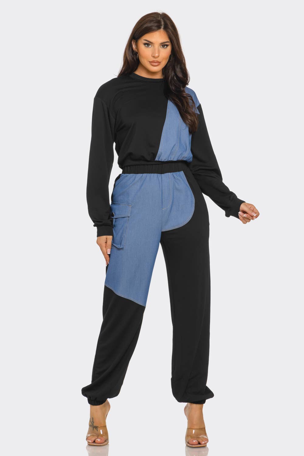 French Terry Color Block Denim Detail Top Pockets Pants Set: Black / 2-2-2 (S-M-L)