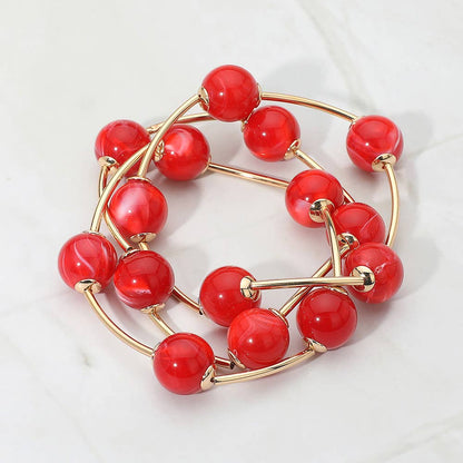 3PCS - Round Ball Wire Beaded Stretch Multi Layered Bracelets: Beige,Gold