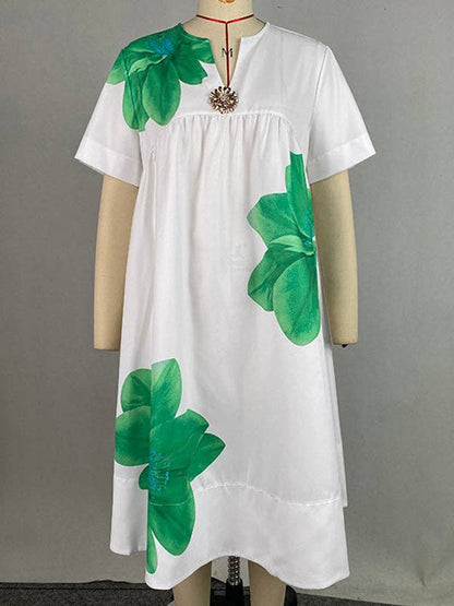 A-Line Loose Flower Print Pleated V-Neck Midi Dresses: GREEN / L