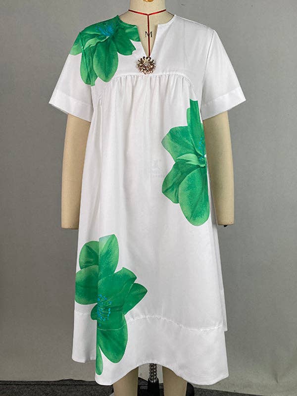 A-Line Loose Flower Print Pleated V-Neck Midi Dresses: GREEN / XL