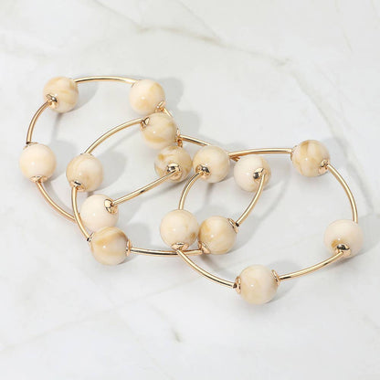 3PCS - Round Ball Wire Beaded Stretch Multi Layered Bracelets: Beige,Gold
