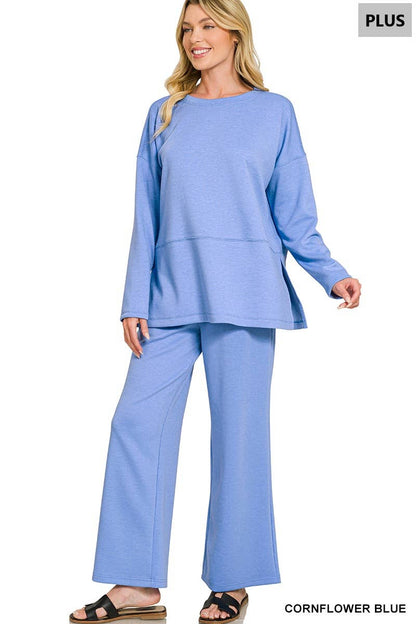 Plus Scuba Side Slit Top & Pants 2PC Set: +LT ROSE-203720 / 2X
