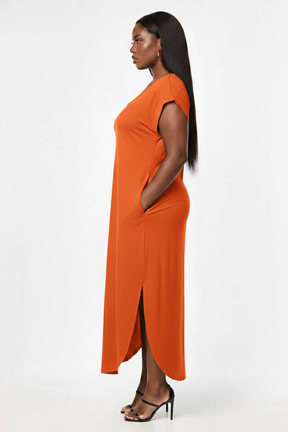 Plus Size Hidden Pocket Batwing Sleeve V Neck Long Dress: FUCHSIA / 3X