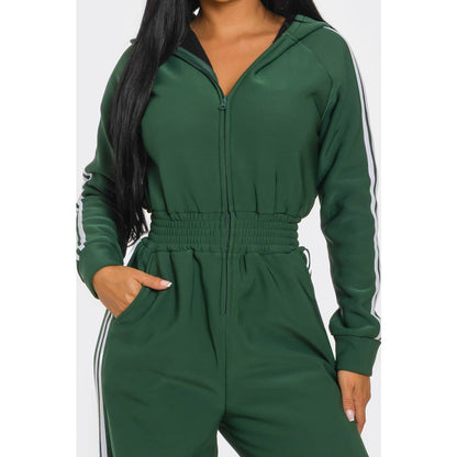 Striped Zip Up Hooded Jumpsuit: GREEN / S-M-L(2-2-2)