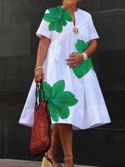 A-Line Loose Flower Print Pleated V-Neck Midi Dresses: GREEN / XL