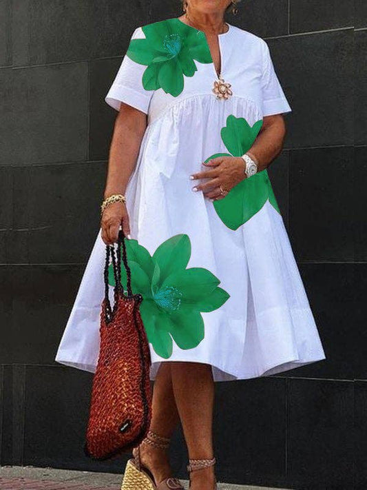 A-Line Loose Flower Print Pleated V-Neck Midi Dresses: GREEN / XL