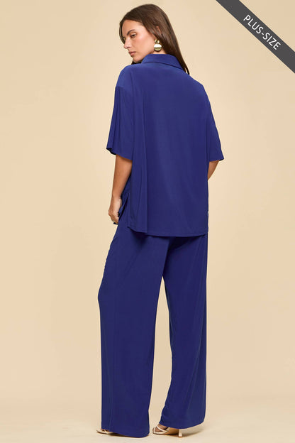 PLUS SIZE 2-Piece Blouse + Relaxed Pants Resort Wear Set: AQUA MINT / XL